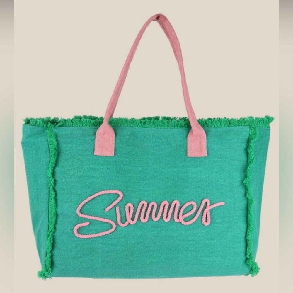 NWT Green and Pink Summer Fringe Tote Bag